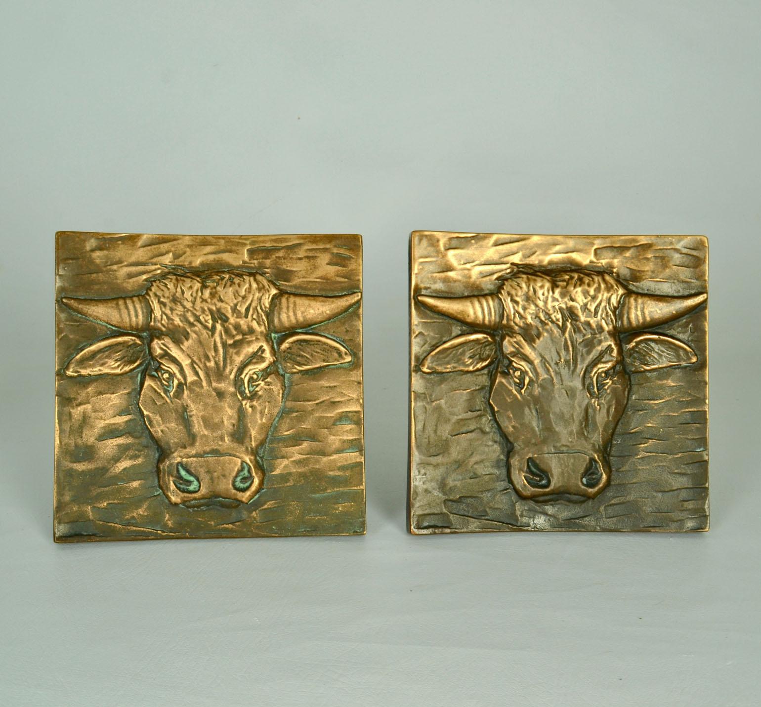 Cast Architectural Bronze Push Pull Pair Door Handles with Bulls for Double Doors For Sale