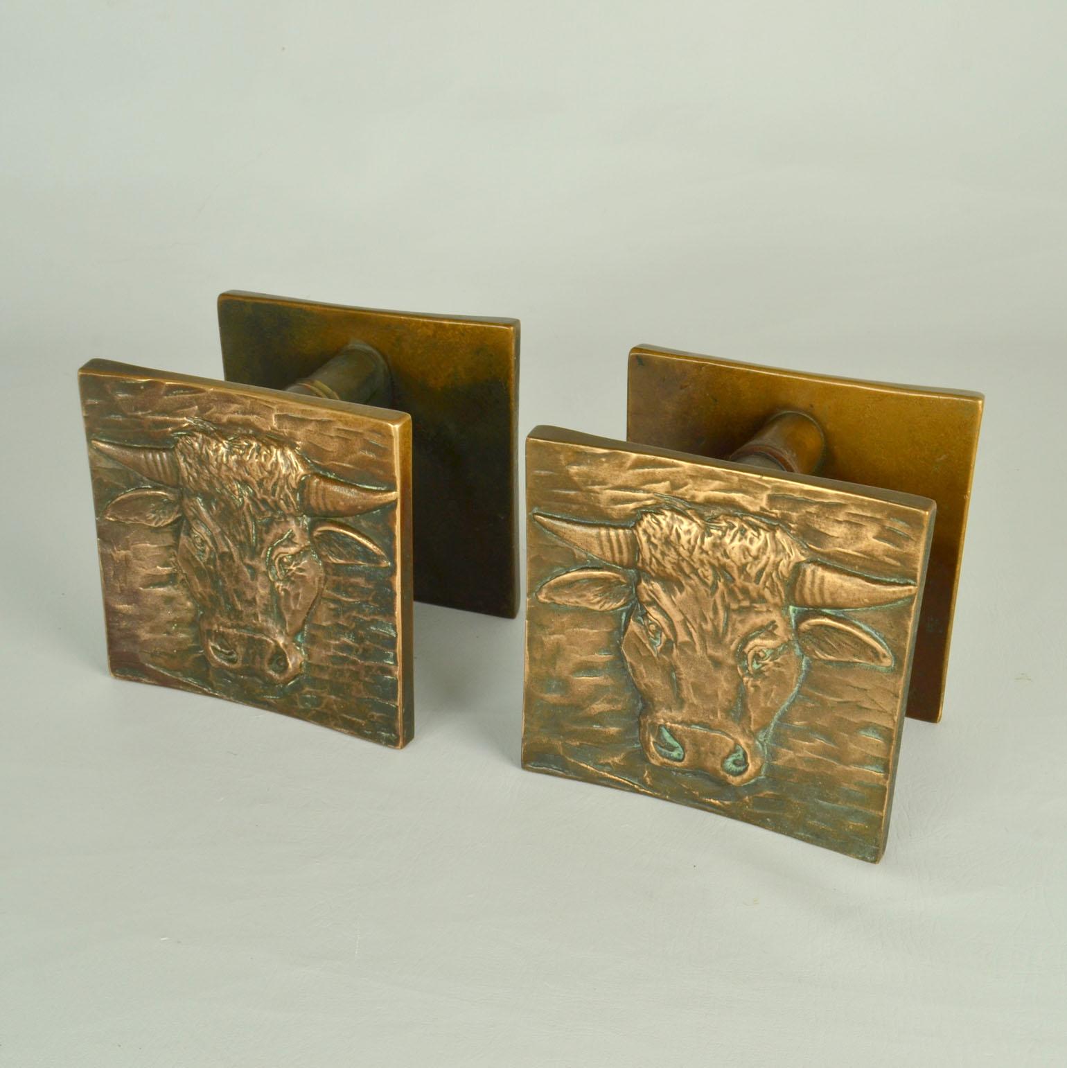Late 20th Century Architectural Bronze Push Pull Pair Door Handles with Bulls for Double Doors For Sale