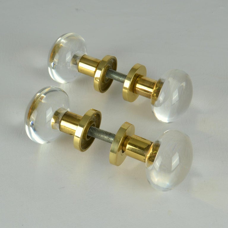 Double Pair of Round Push Pull Door Knobs in Acrylic and Brass For Sale