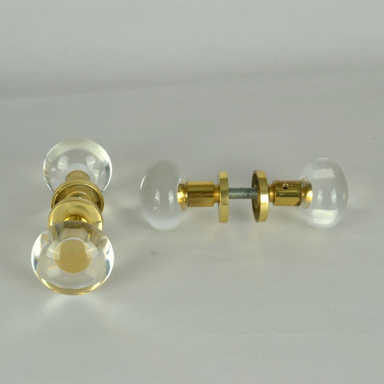 Double Pair of Round Push Pull Door Knobs in Acrylic and Brass For Sale