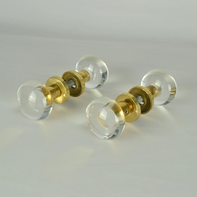 Double Pair of Round Push Pull Door Knobs in Acrylic and Brass For Sale