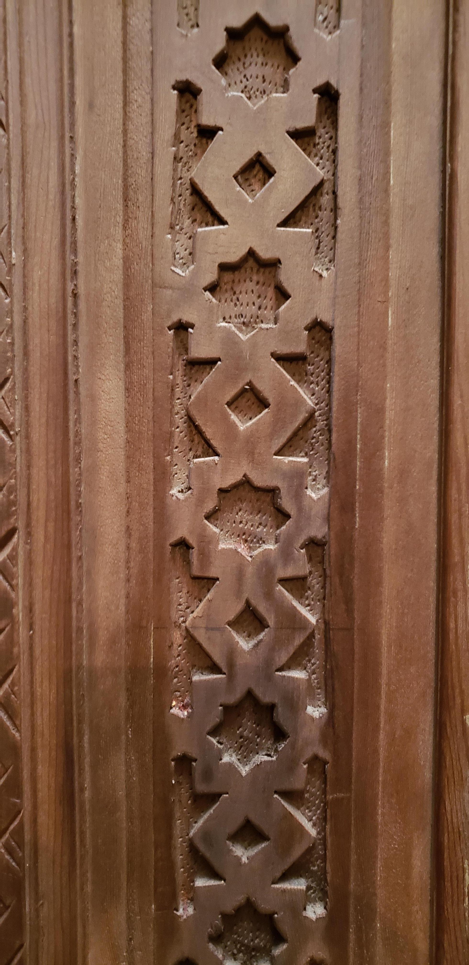 Carved Double Panel Moroccan Wooden Door, Brown 23MD40 For Sale