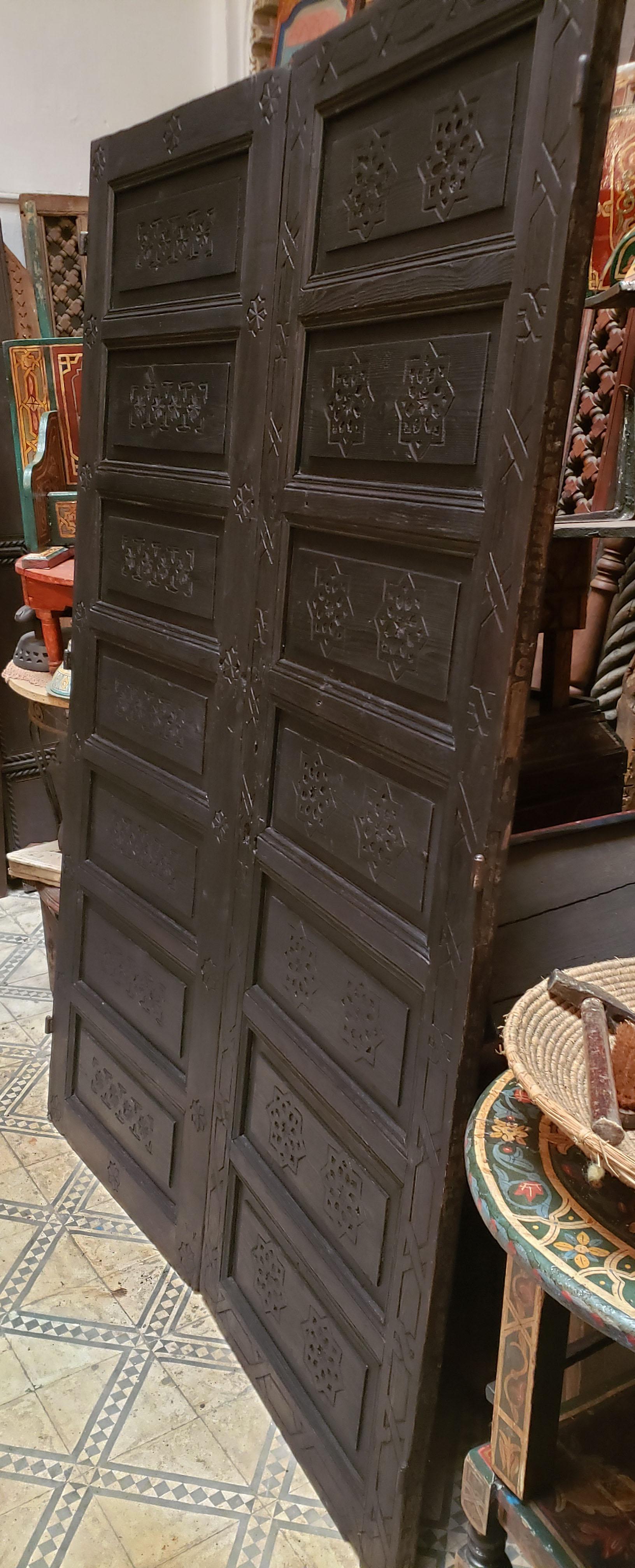 Double Panel Moroccan Wooden Door, Dark Brown 23MD41 In Good Condition In Orlando, FL