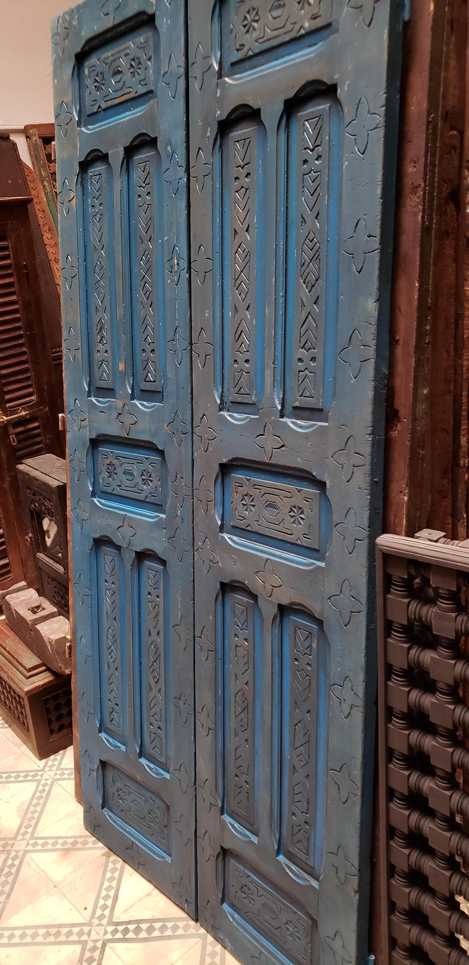 Double Panel Moroccan Wooden Door, True Blue 23ND48 For Sale 1
