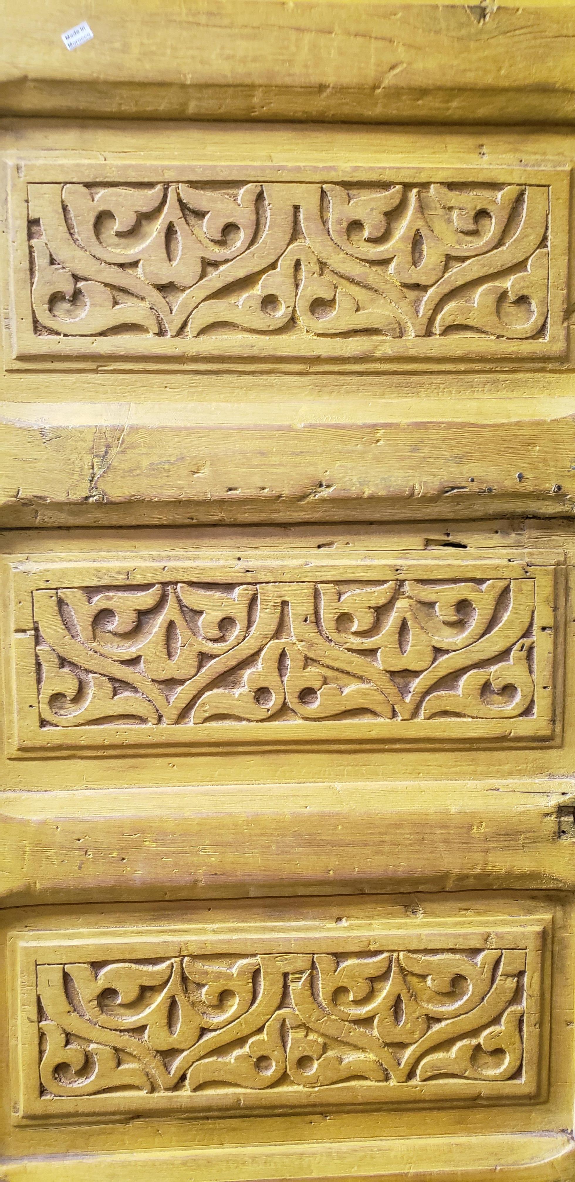 Carved Double Panel Moroccan Wooden Door, Yellow 23MD39 For Sale
