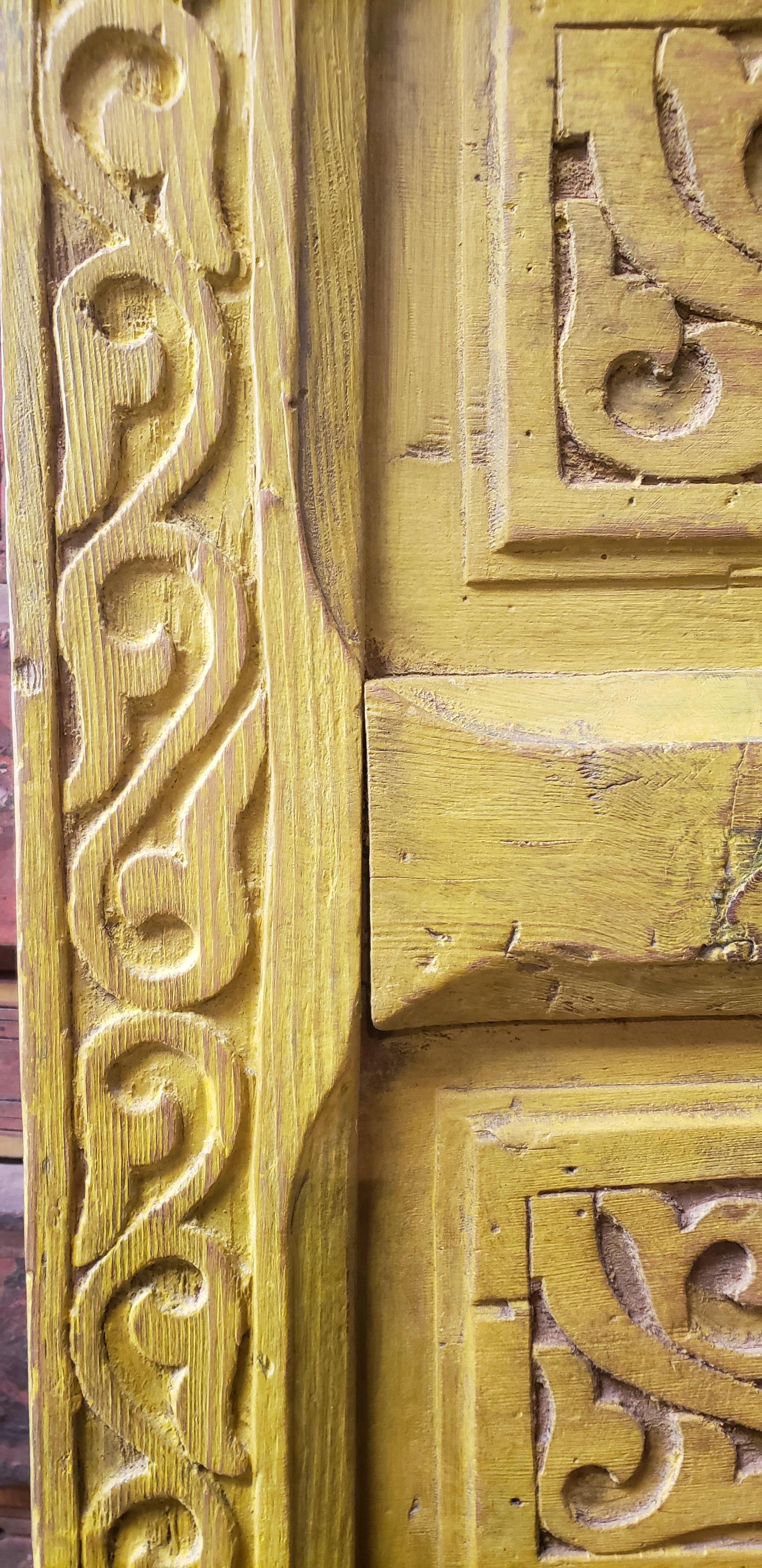 Double Panel Moroccan Wooden Door, Yellow 23MD39 In Good Condition For Sale In Orlando, FL