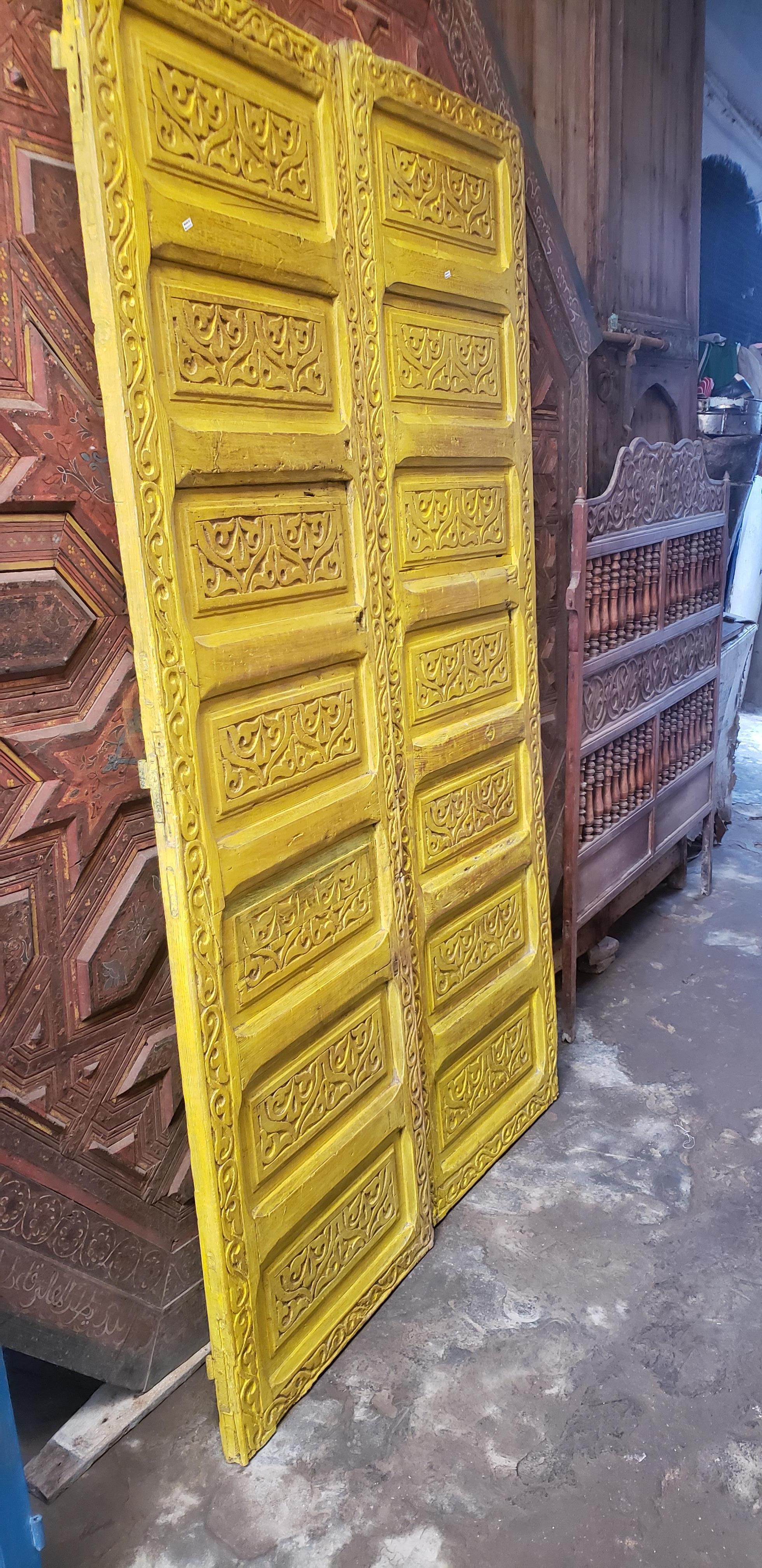 Double Panel Moroccan Wooden Door, Yellow 23MD39 For Sale 1