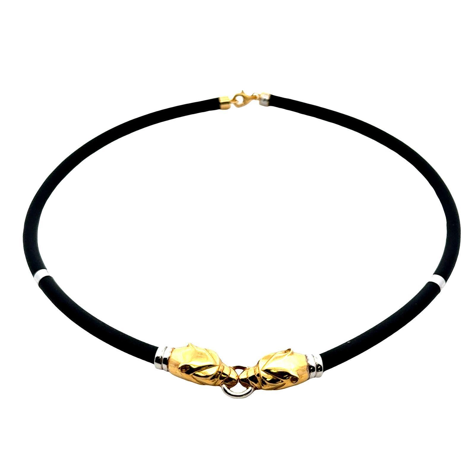 Moderne Collier double tête de panthère en or blanc et jaune 18 carats avec cordon en caoutchouc noir en vente