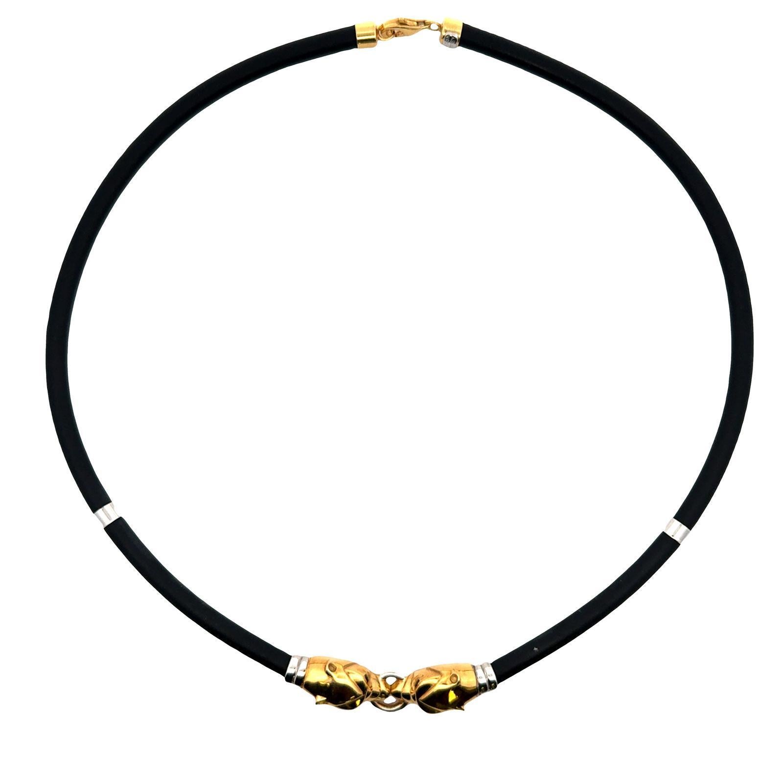 Collier double tête de panthère en or blanc et jaune 18 carats avec cordon en caoutchouc noir Pour femmes en vente