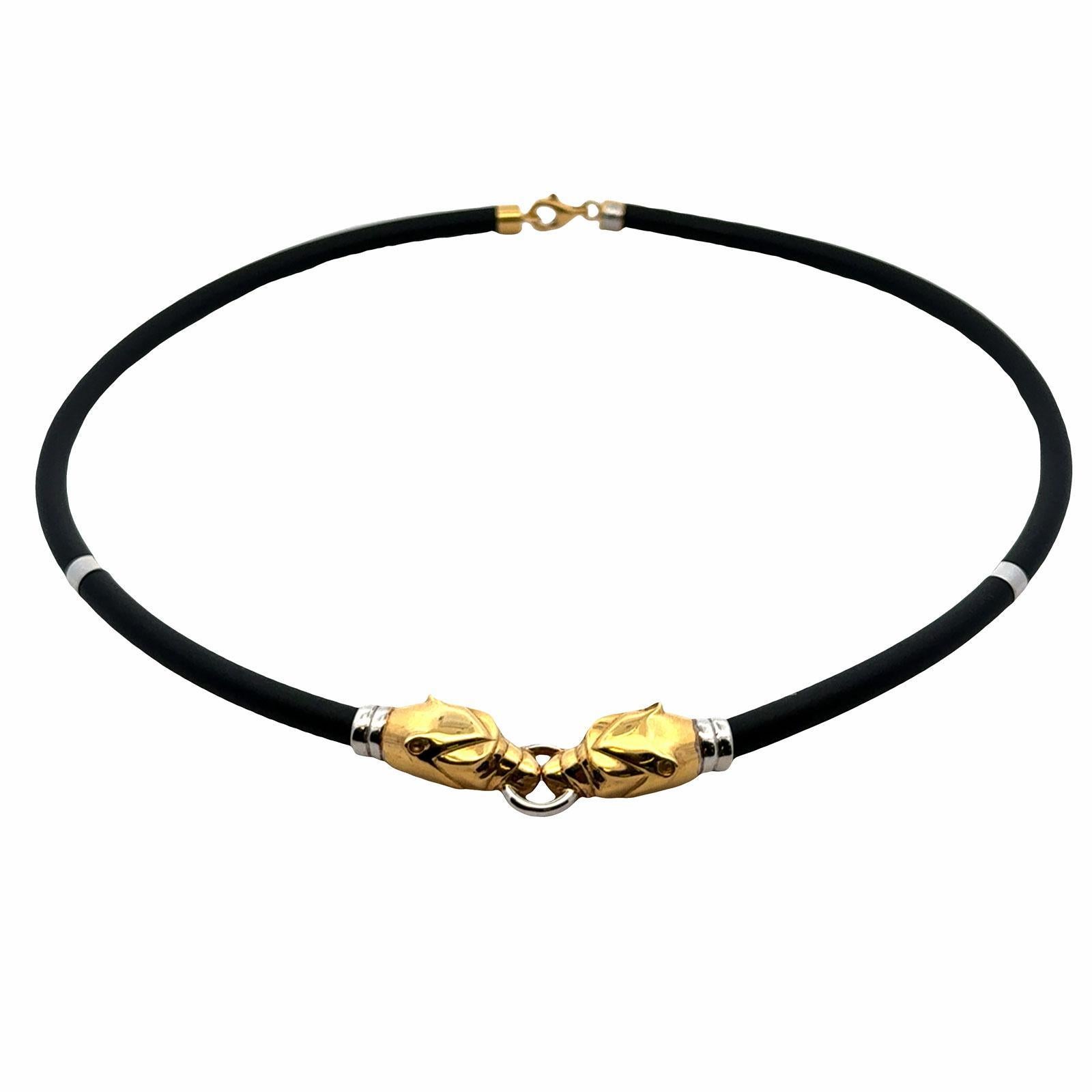 Collier double tête de panthère en or blanc et jaune 18 carats avec cordon en caoutchouc noir en vente 1