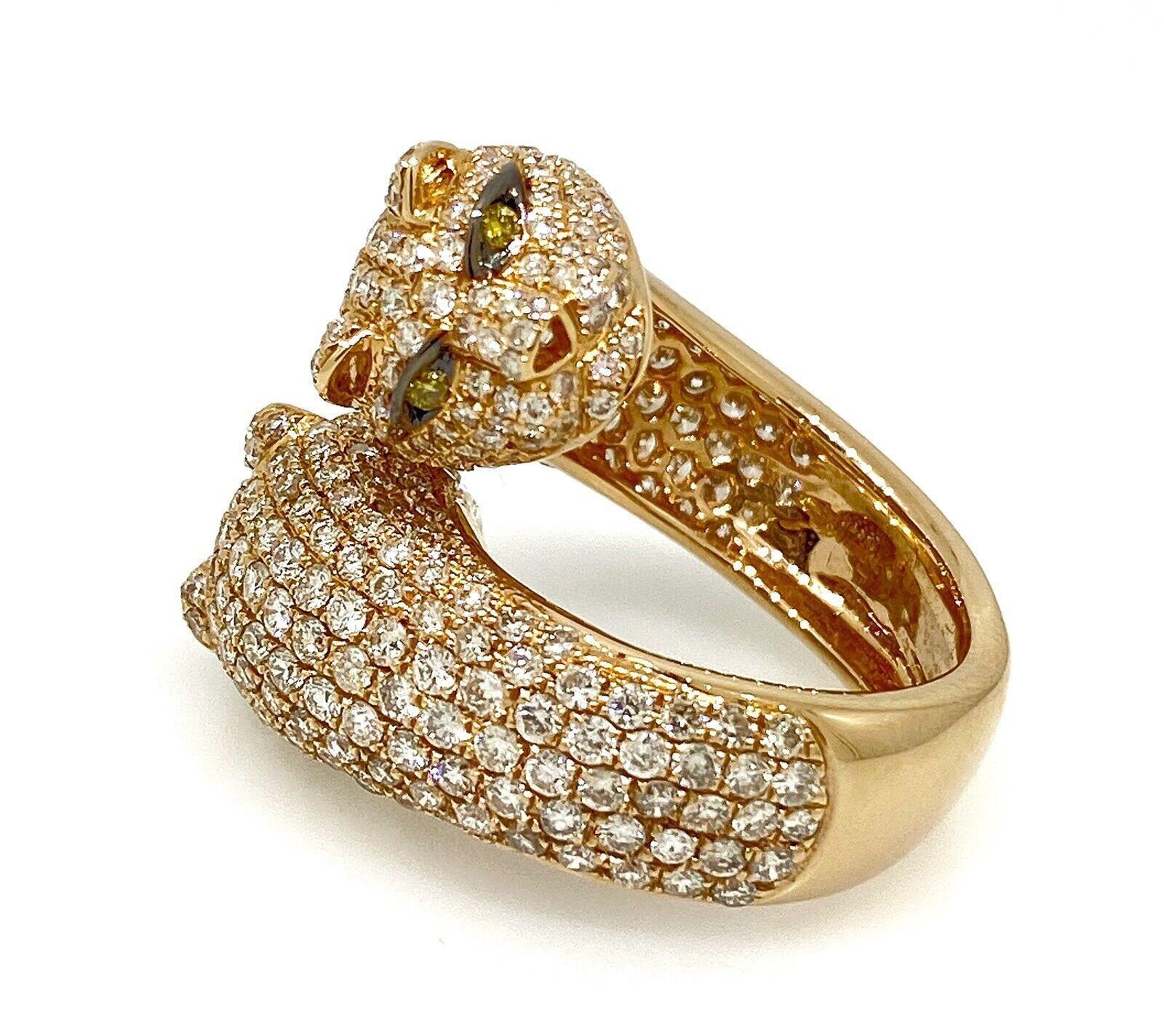 Round Cut Double Panther Head Diamond Wrap Ring 3.70 carat total weight in 18k Rose Gold For Sale