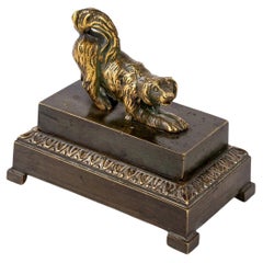 Antique Double Patina Bronze Inkwell, Playing Dog, Period, Charles X, 19th Century
