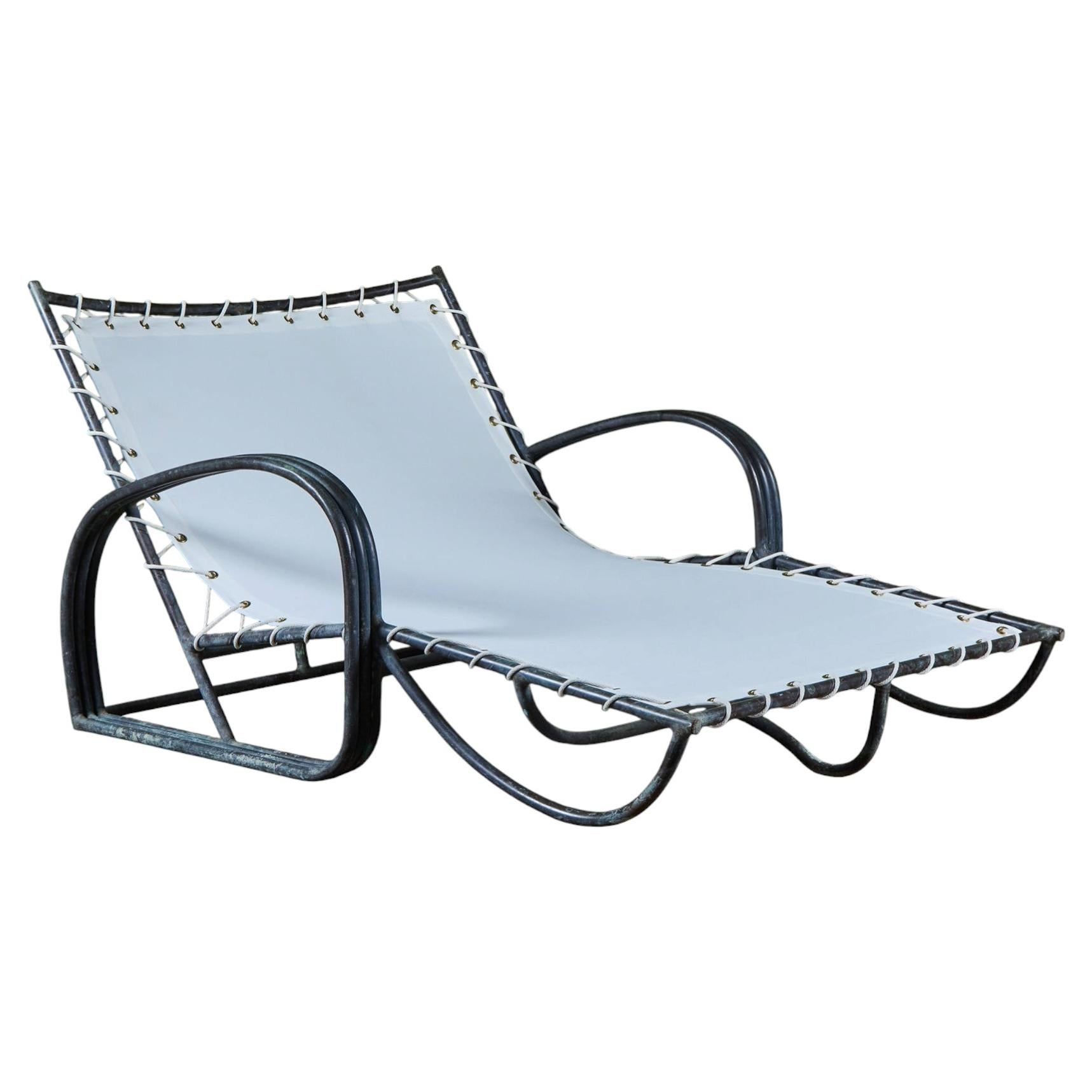 Double Patio Chaise Lounge by Walter Lamb, Bronze & Canvas, 1940s For Sale