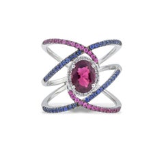 Double Pave X Ring 18Kt White Gold Tourmaline Pink and Blue Sapphires & Diamonds
