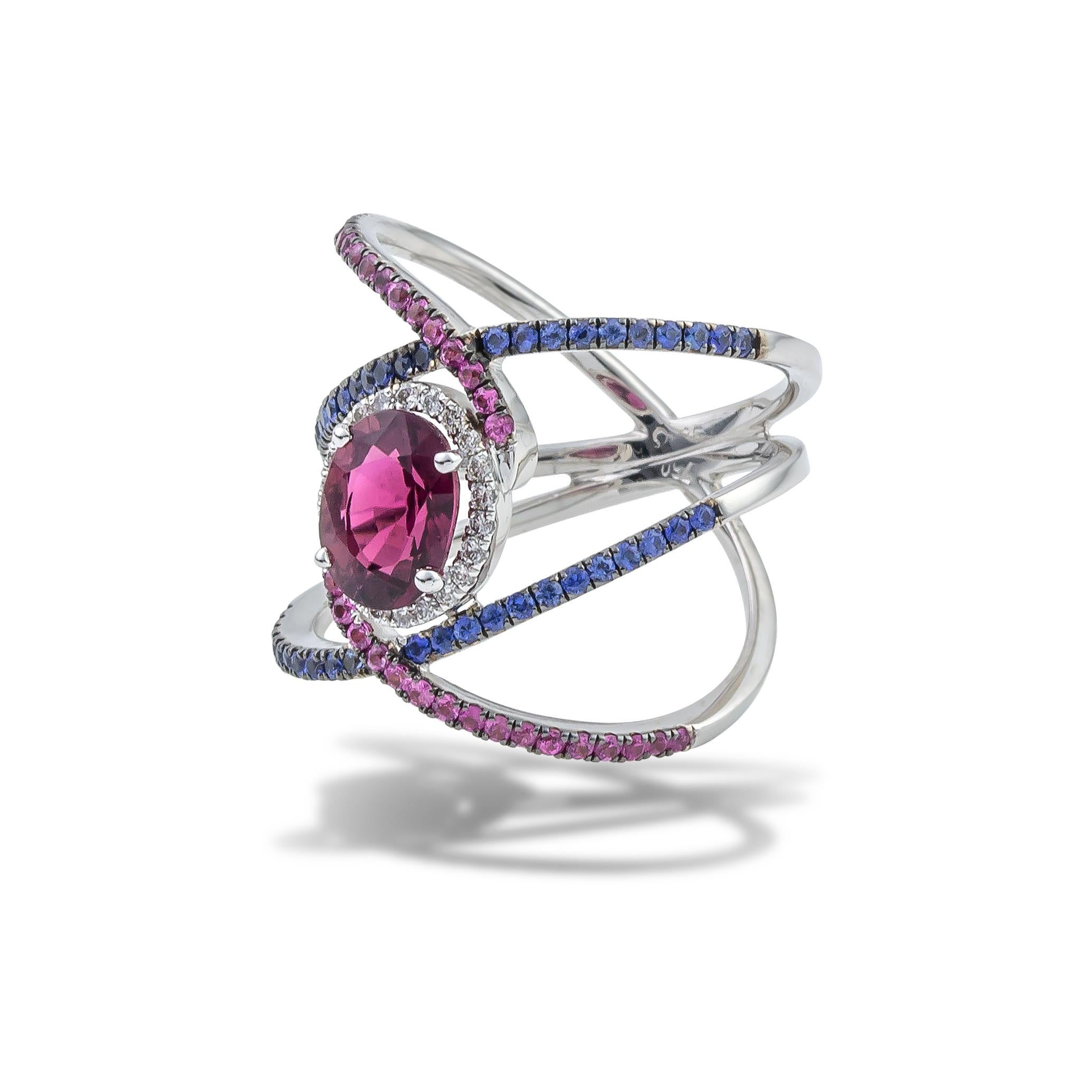 Contemporary Double Pave X Ring 18Kt White Gold Tourmaline Pink and Blue Sapphires & Diamonds For Sale