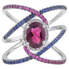 Doppel Pave X Ring 18Kt Weißgold Turmalin Rosa und Blau Saphire & Diamanten