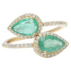 Double Pear Natural Emerald & Diamond Bypass Ring in 14K Solid Gold (Certified)