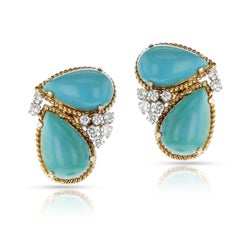 Double Pear Shape Cabochon and Diamond Earrings, 14k
