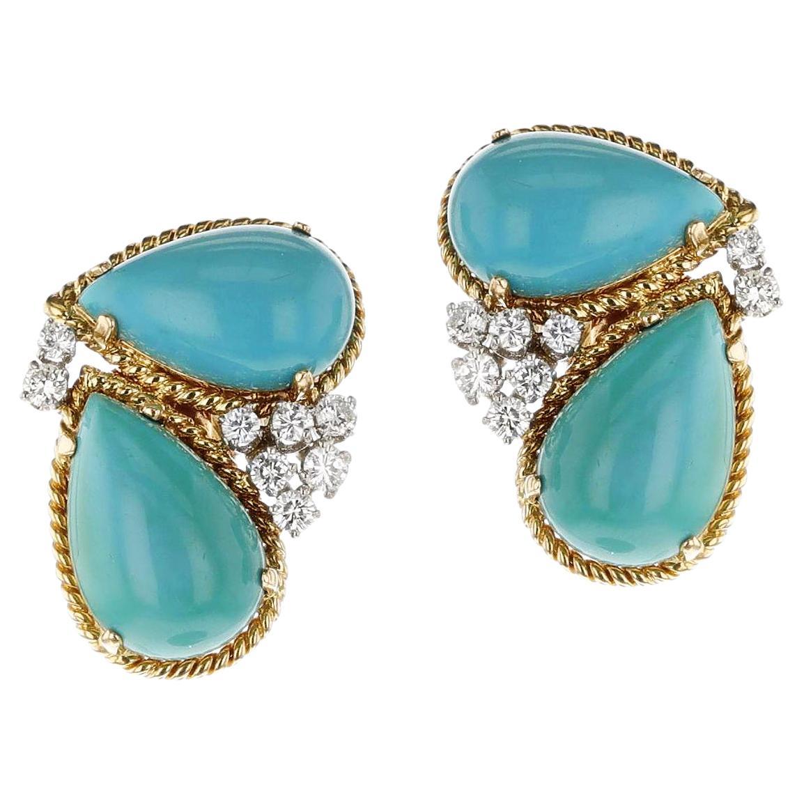 Double Pear Shape Cabochon and Diamond Earrings, 14k For Sale