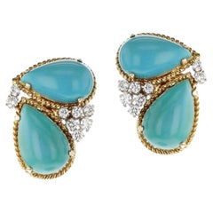 Double Pear Shape Cabochon and Diamond Earrings, 14k