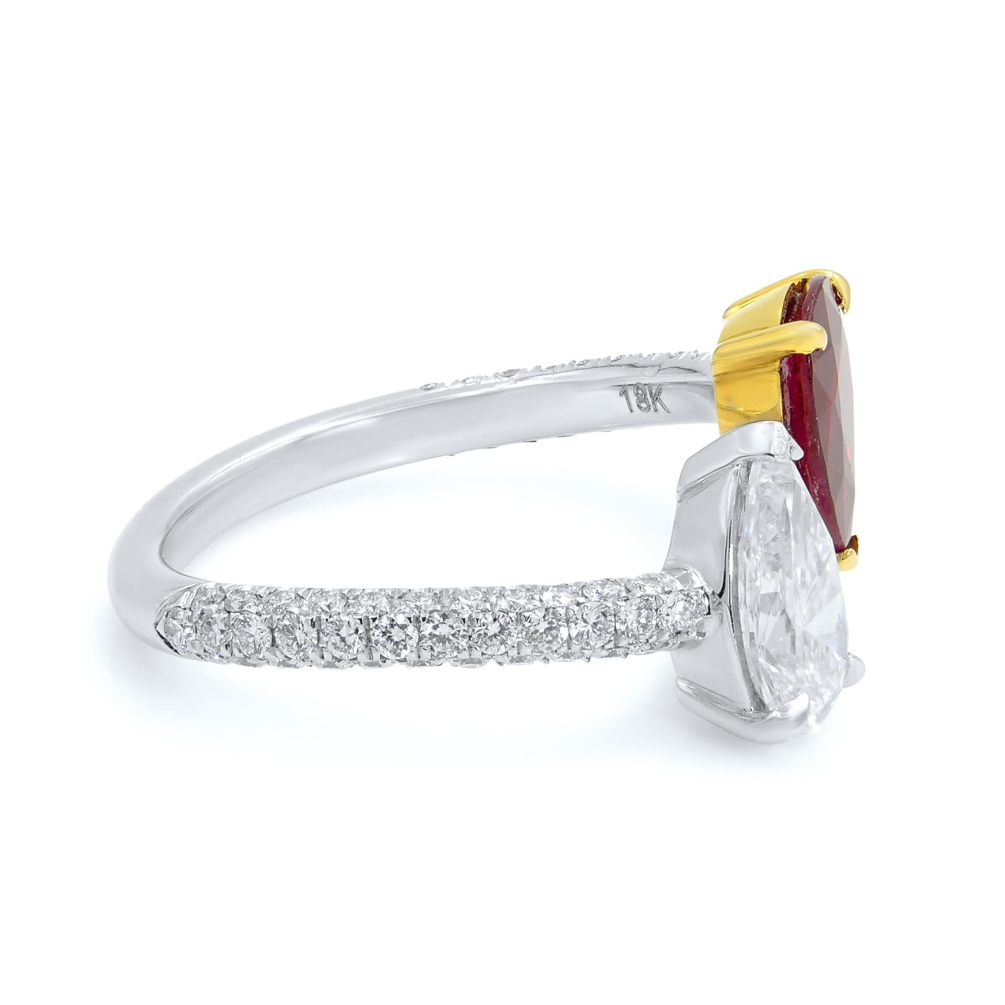 Double Pear Shape Ruby and Diamond Cross Over Handmade Ring Platinum In New Condition In New York, NY
