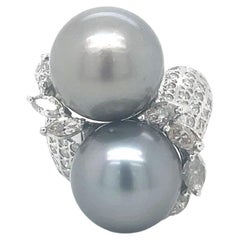 Retro Double Pearl and Diamond Statement Ring in Platinum