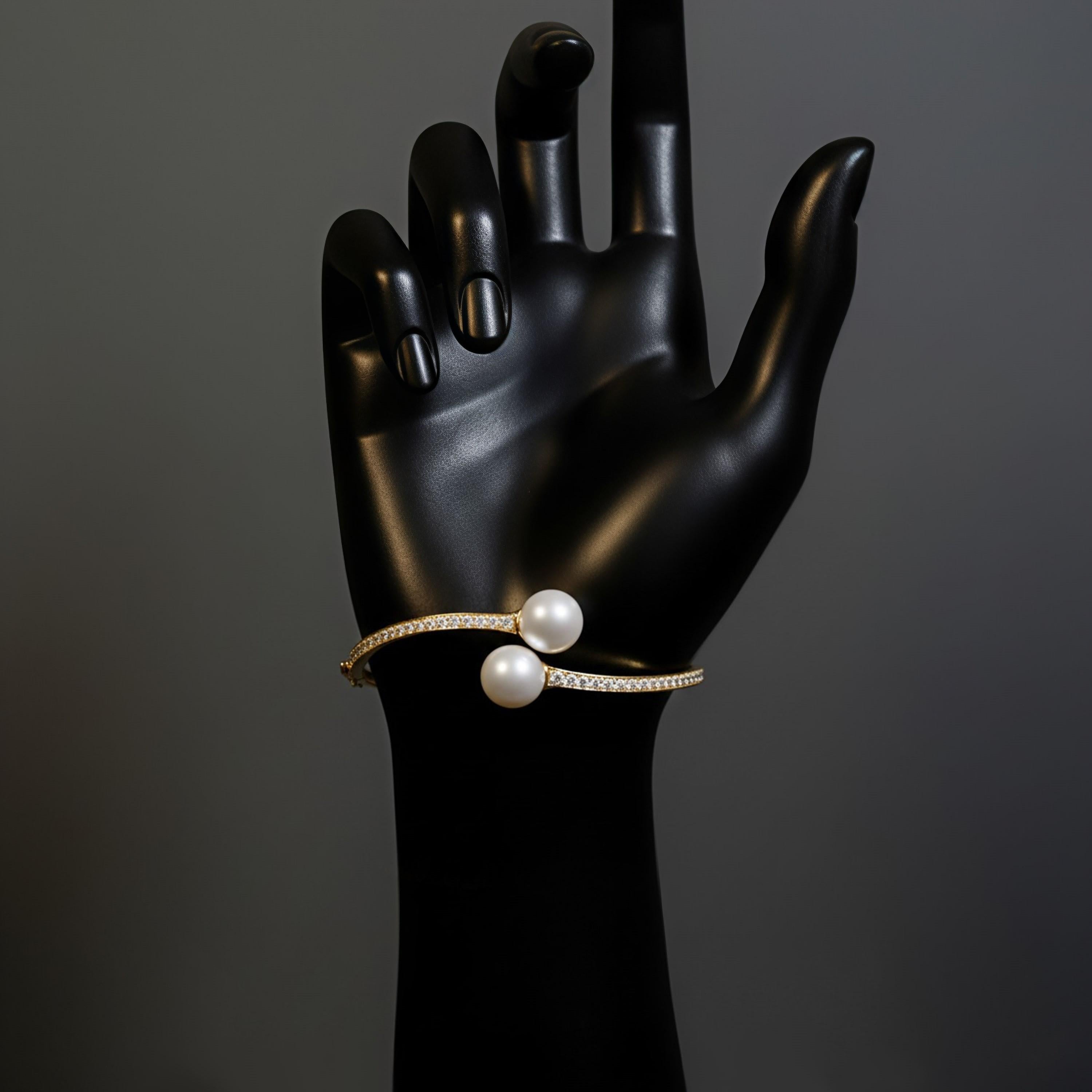 Modern Double Pearl Diamond 14K (or 18K upon request) Yellow Gold Open Bangle Bracelet For Sale
