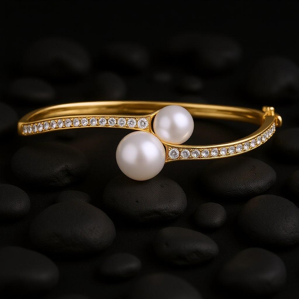Double Pearl Diamond 14K (or 18K upon request) Yellow Gold Open Bangle Bracelet In New Condition For Sale In Los Angeles, CA