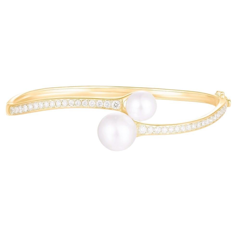 Double Pearl Diamond 14K (or 18K upon request) Yellow Gold Open Bangle Bracelet For Sale
