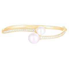 Double Pearl Diamond 14K (or 18K upon request) Yellow Gold Open Bangle Bracelet