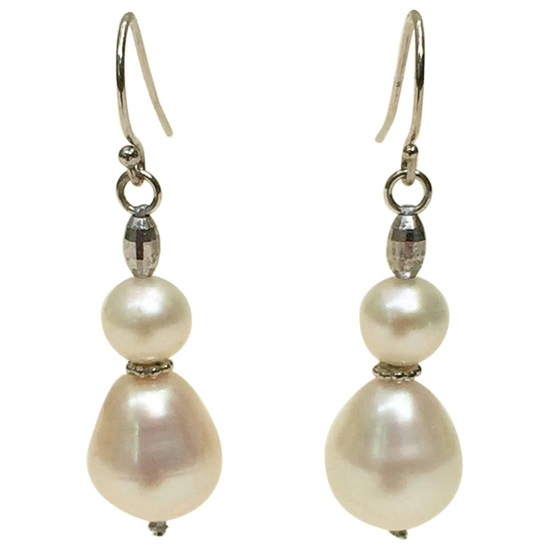 Double Pearl Earrings with Platinum Plated Silver Beads by Marina J.
