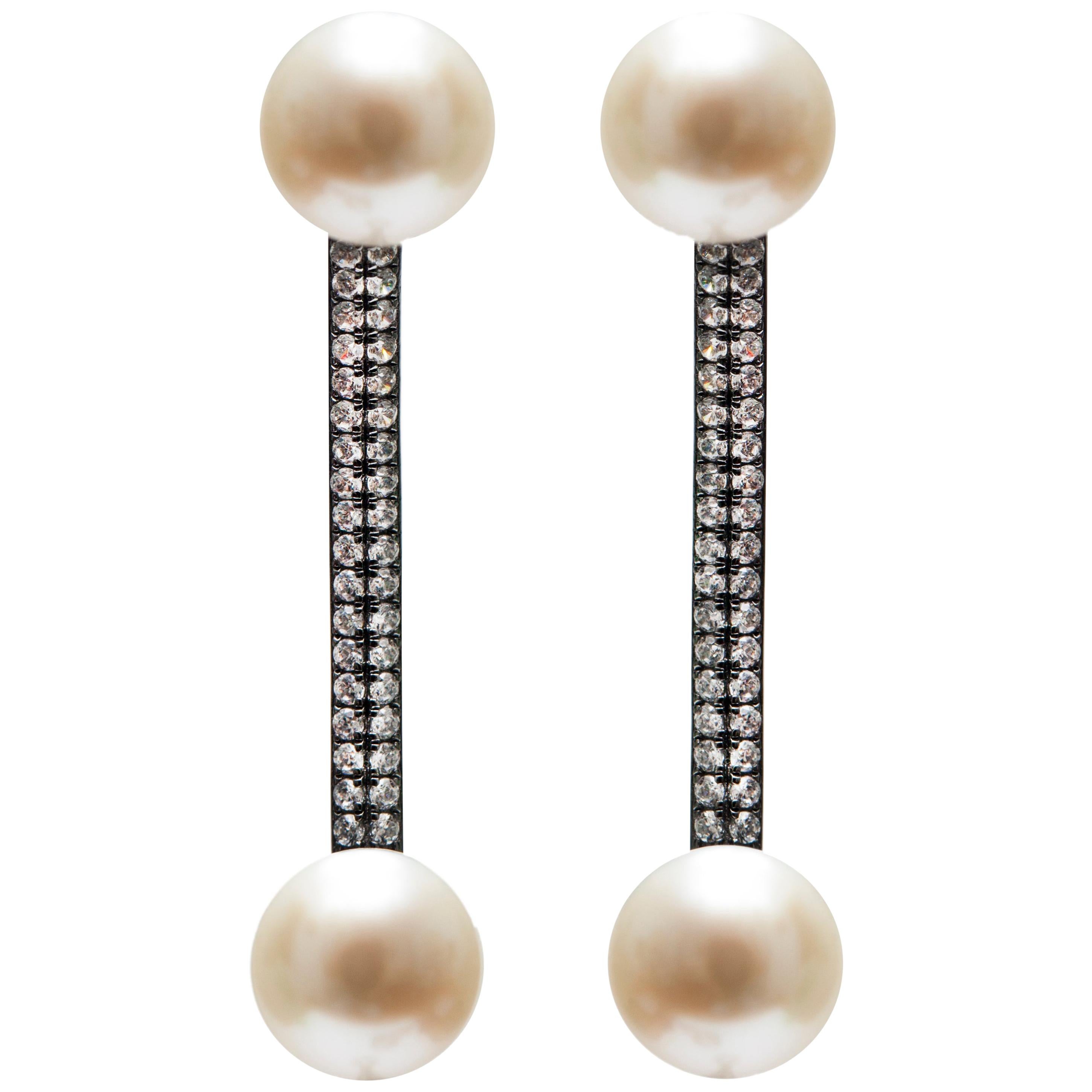Ammanii Double Pearl Jacket Earrings with Black Rhodium For Sale at 1stDibs