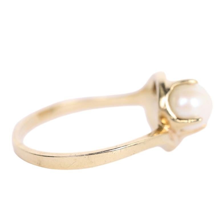 Modern Double Pearl Yellow Gold Ring Size 6.5  For Sale