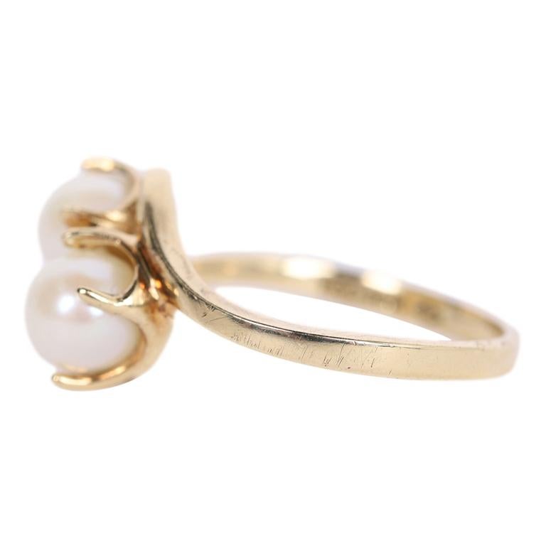 Women's Double Pearl Yellow Gold Ring Size 6.5  For Sale