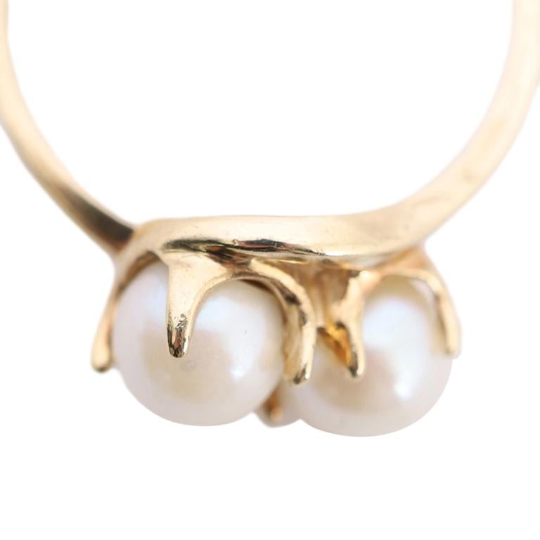 Double Pearl Yellow Gold Ring Size 6.5  For Sale 1