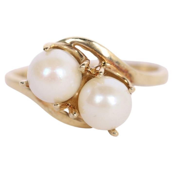 Double Pearl Yellow Gold Ring Size 6.5  For Sale