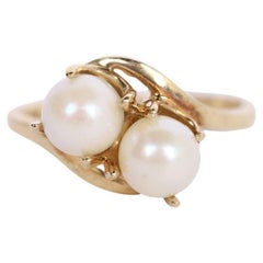 Retro Double Pearl Yellow Gold Ring Size 6.5 