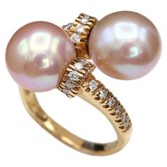 Two Pearl Ring 18 Karat Rose Gold and Diamonds Pink Fresh Water Pearls Ring