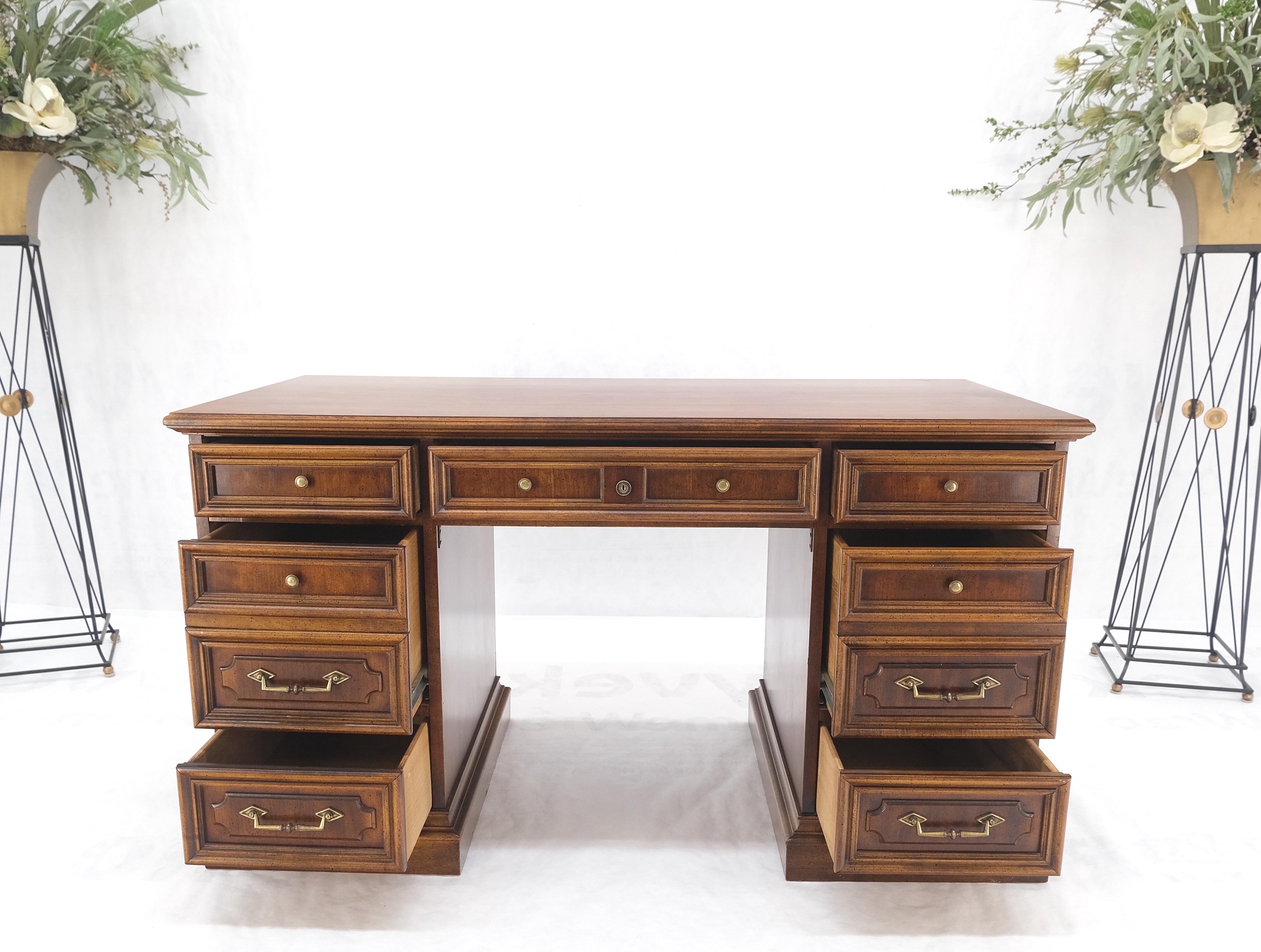 Mid-Century Modern Double Pedestal Brass Hardware Walnut Desk File Drawer Mint For Sale