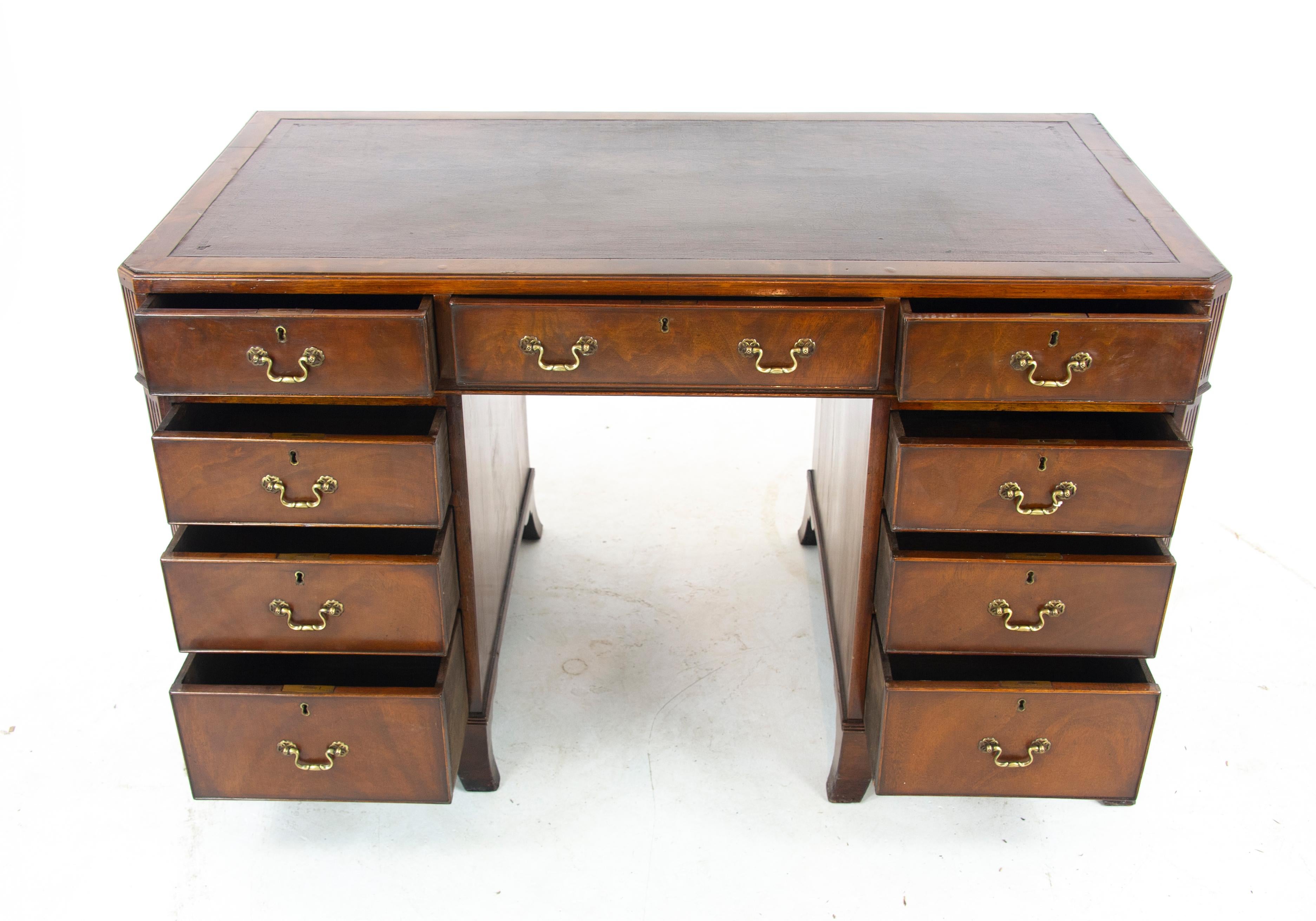 Double pedestal desk, walnut desk, leather top, Scotland,1920, Antique Furniture, B1283, 

Scotland, 1920
Solid walnut and veneers
Original finish
Leather writing surface with moulded edge
Three frieze drawers below
Sitting on two pedestals