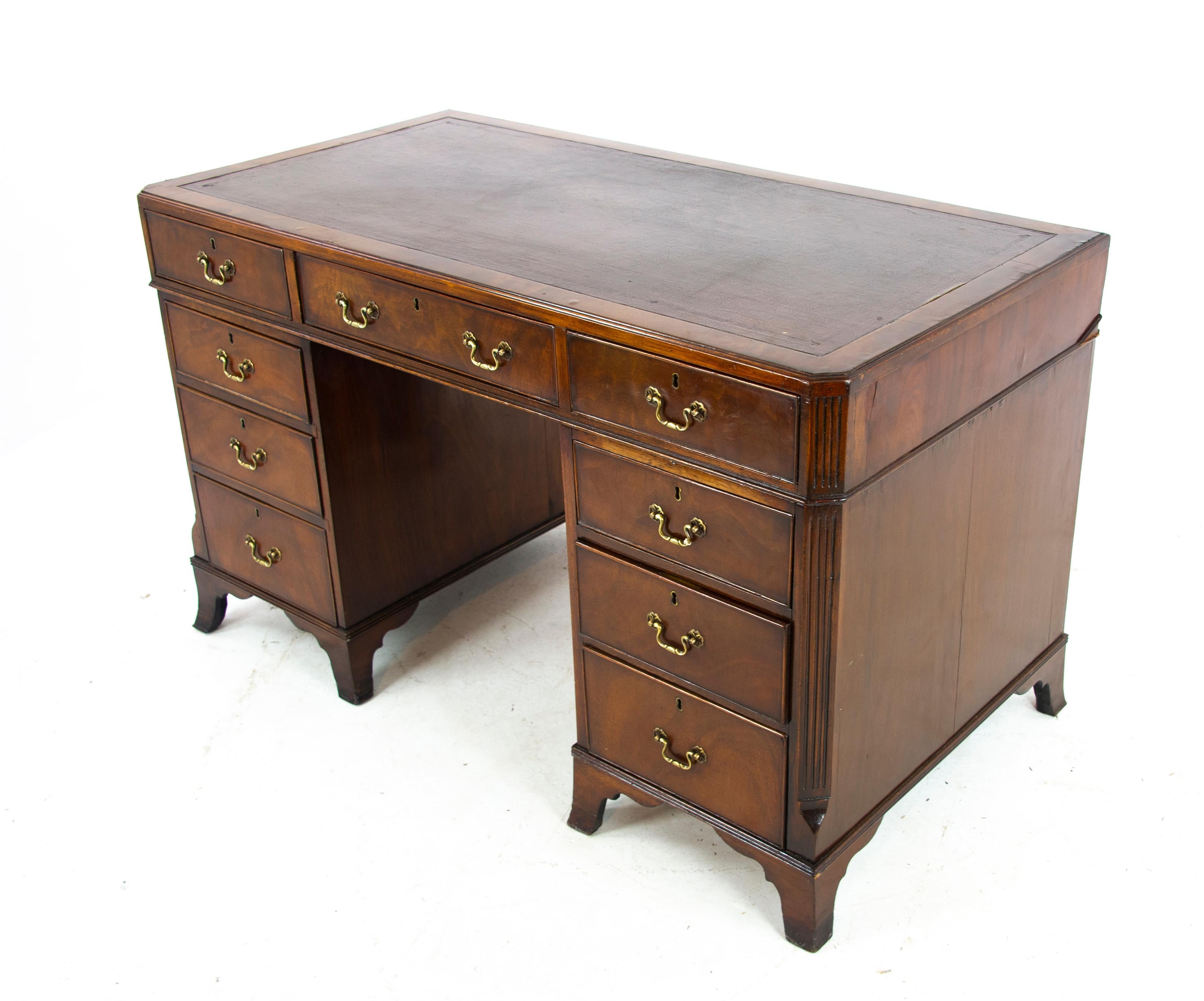 Hand-Crafted Double Pedestal Desk, Walnut Desk, Leather Top, Scotland, 1920, Antiques, B1283