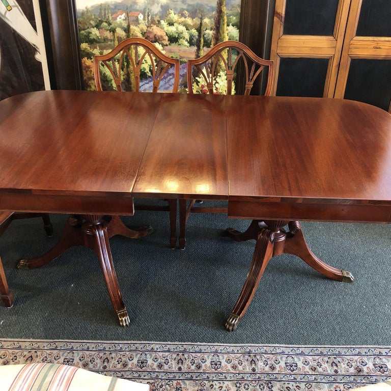 Double Pedestal Dining, Table and Six Shield Back Chairs For Sale at