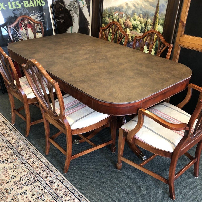 Double Pedestal Dining, Table and Six Shield Back Chairs For Sale at