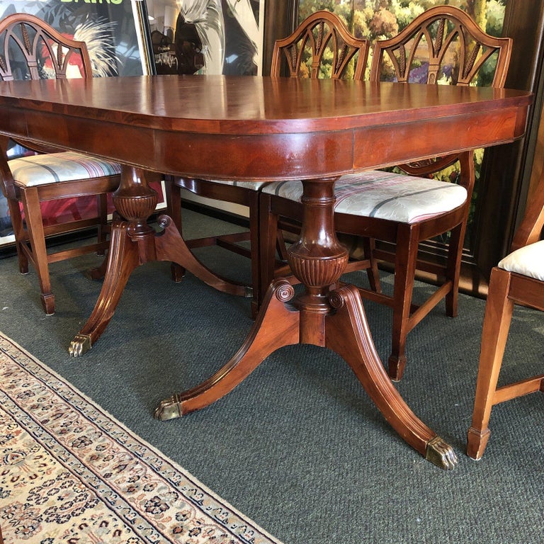 Double Pedestal Dining, Table and Six Shield Back Chairs For Sale at