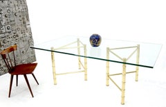 Double Pedestal Faux Brass Bamboo Glass Top Dining Conference Table