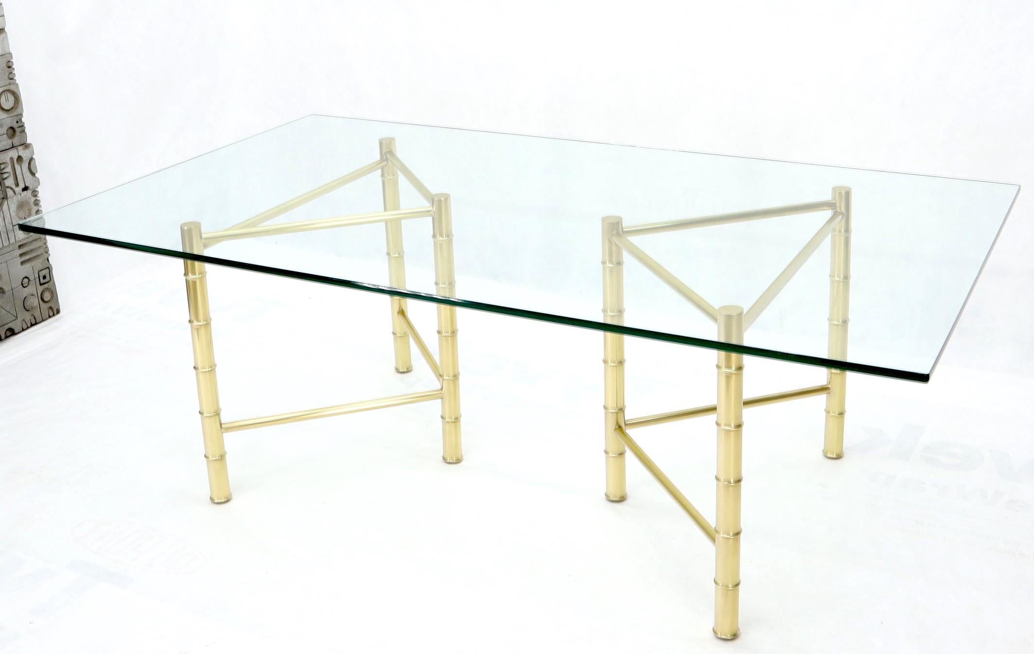 Mid-Century Modern Double Pedestal Faux Brass Bamboo Glass Top Dining Conference Table For Sale