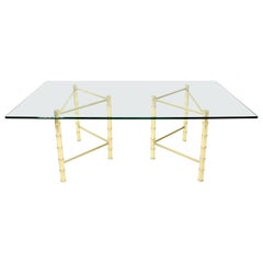 Double Pedestal Faux Brass Bamboo Glass Top Dining Conference Table