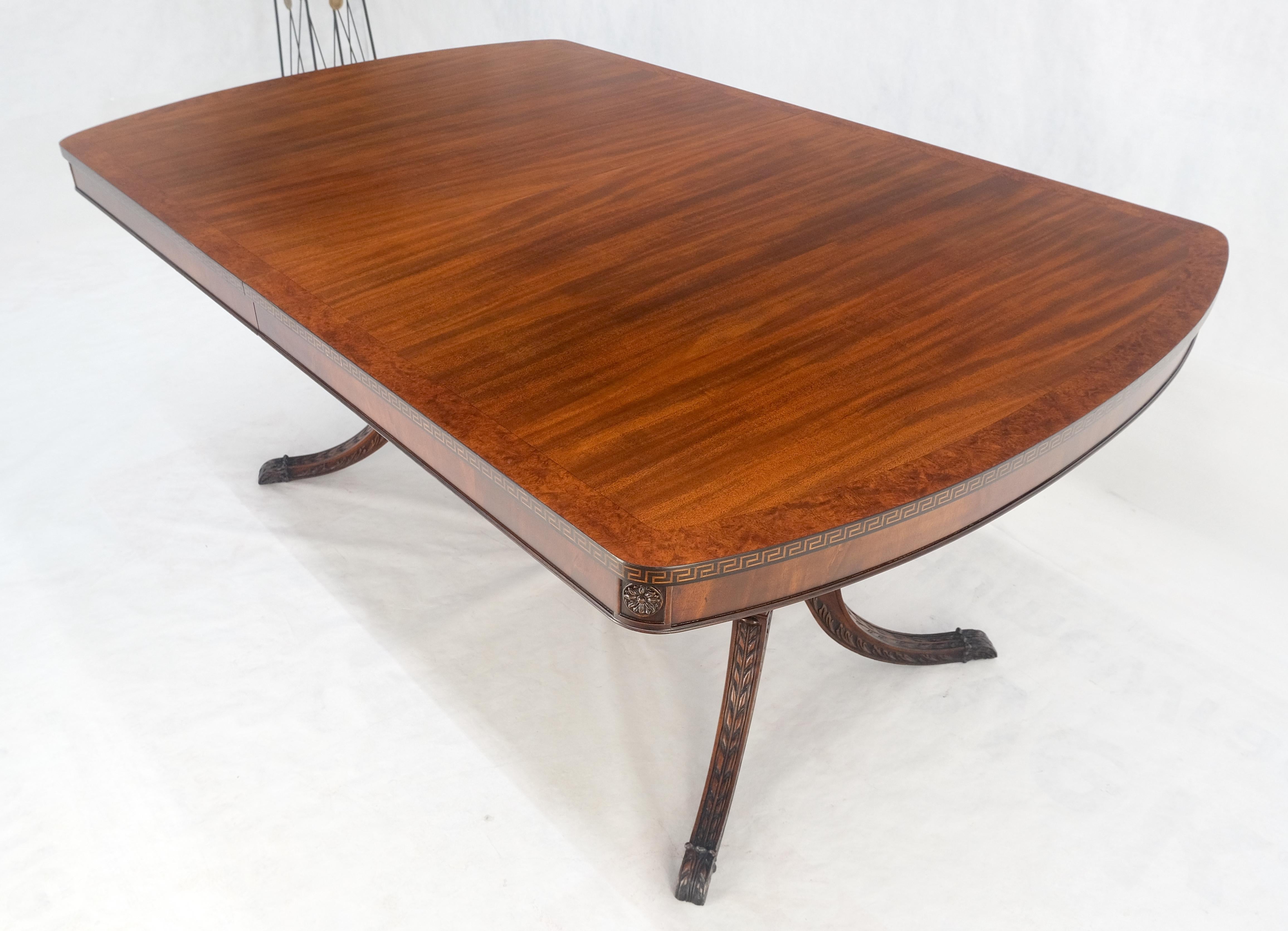 Double Pedestal Mahogany Burl Wood Banded 4 Leaves 10' Total Length Dining Table en vente 2