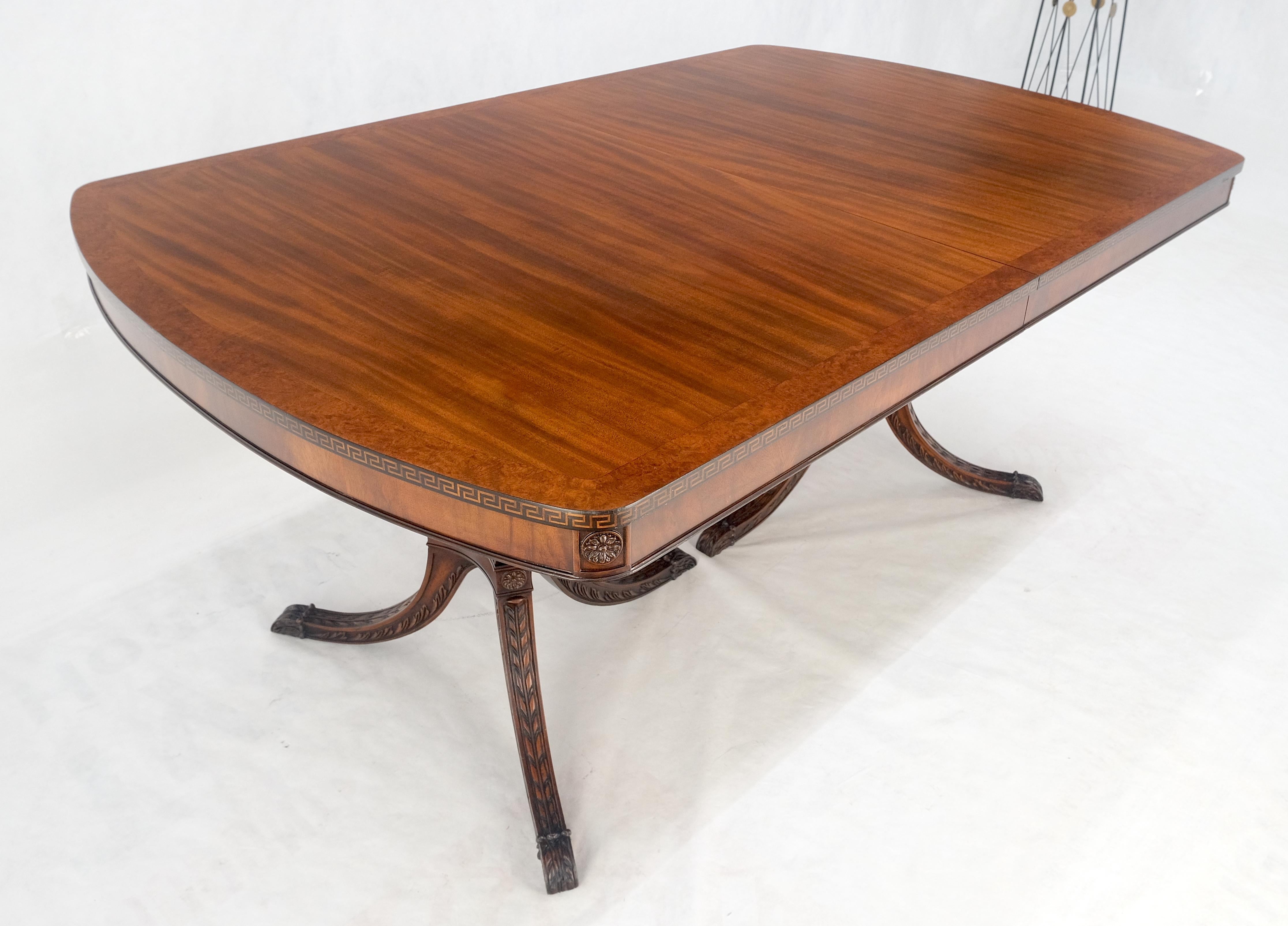 Double Pedestal Mahogany Burl Wood Banded 4 Leaves 10' Total Length Dining Table en vente 3
