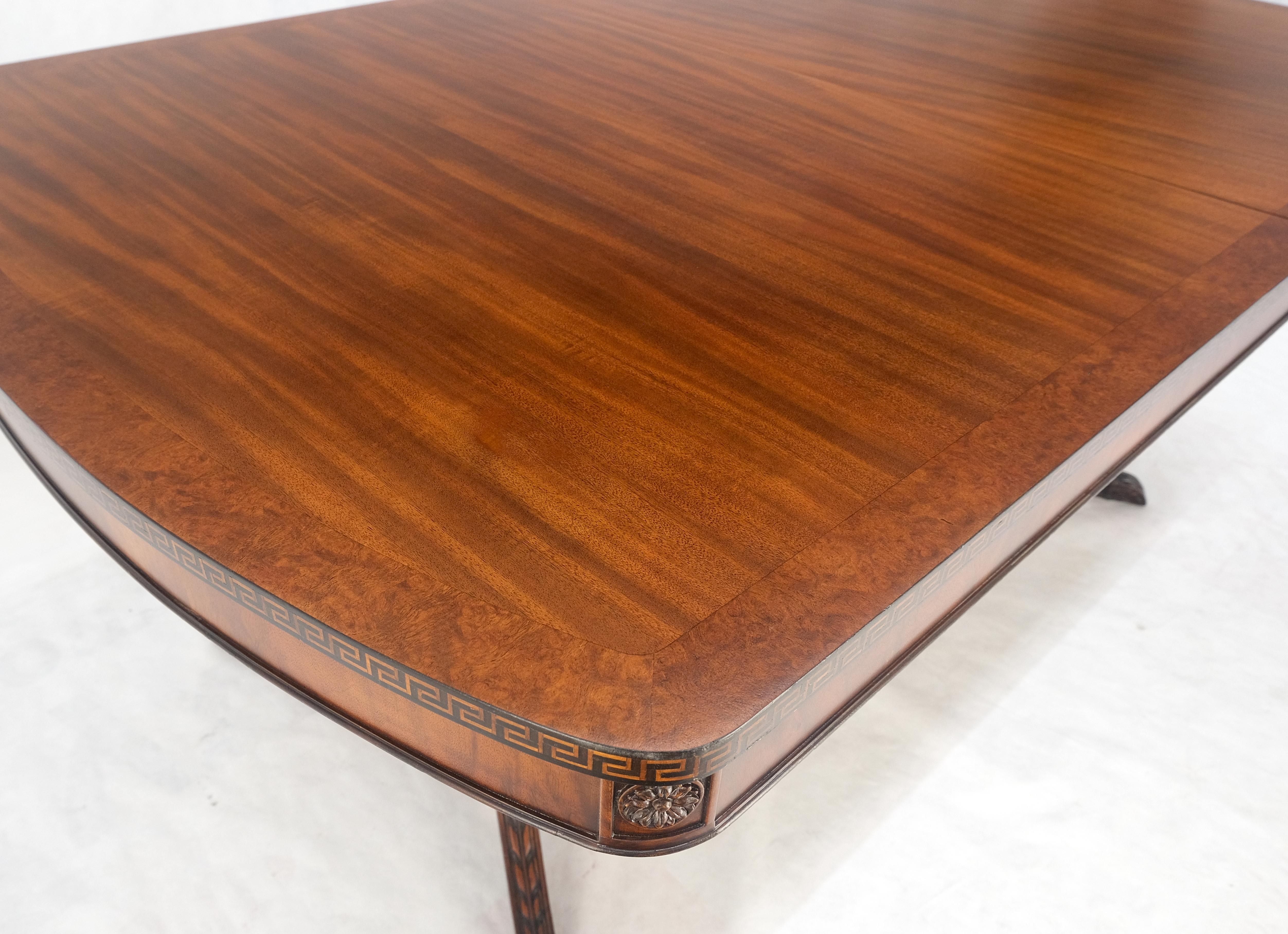 Double Pedestal Mahogany Burl Wood Banded 4 Leaves 10' Total Length Dining Table en vente 4